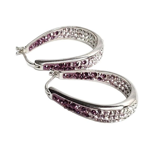 Sterling Silver Inside Out Crystal Hoop Earrings Purple Clear CT Thailand 925 - Picture 2 of 4